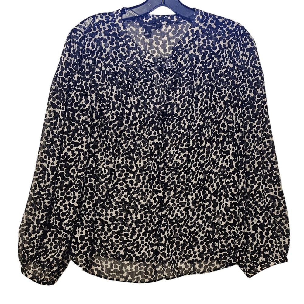 Banana Republic Womens‎ Black White Polka Dot Lace Up Chiffon Blouse Size S